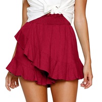 Nevenka Womens Solid Color Ruffle Hem Flowy High Waist Summer Shorts Skirt-Red