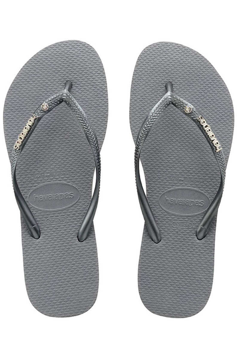 Buy Havaianas Womens Slim Metal Logo Crystal Thongs Steel Grey