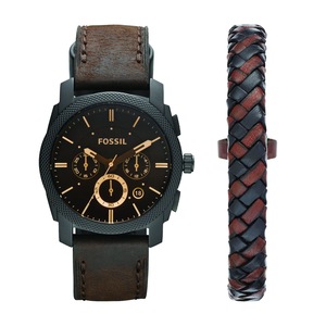 Fossil Machine Chronograph Dark Brown Leather Watch and Bracelet Box Set FS5251SET Stainless Steel Quartz Movement 796483283916
