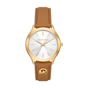 Michael Kors Slim Runway Three-Hand Luggage Leather Watch MK7465 Stainless Steel Gold