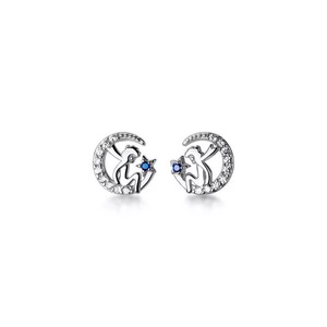ANYCO Fashion Earrings Genuine Sterling Silver Blue Zircon Petite Moon Little Prince Stud Earrings for Women Jewelry Gift