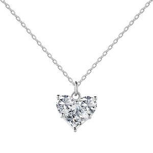 ANYCO Necklace 925 Silver for Woman Clear Large Heart Couple Pendant Rhodium Platting Cubic Zirconia 5A 0.5ct Jewelry