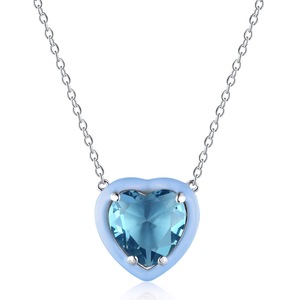 ANYCO Necklace 925 Silver for Women Aqua Blue Heart Enamel Pendant Chain Rhodium Platting Jewelry