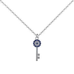 ANYCO Necklace 925 Silver for Women Dark Blue Key Shape Pendant Rhodium Platting CZ 5A Jewelry