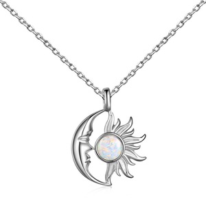 ANYCO Necklace 925 Silver for Women Half Moon and Sun White Pendant Rhodium Platting Jewelry