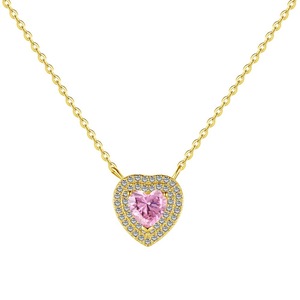 ANYCO Necklace 925 Silver for Women Heart Shape Pink Stone Pendant Gold Platting Cubic Zirconia 18K Jewelry