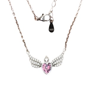 ANYCO Necklace 925 Silver for Women Pink Heart Wings Pendant Rhodium Platting Cubic Zirconia 5A Jewelry