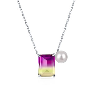 ANYCO Necklace 925 Silver for Women Purple Yellow Cube Charm Pendant Synthetic Stone Rhodium Platting Jewelry