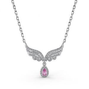 ANYCO Necklace 925 Silver for Women Shiny Wings Pink Pear Shape Tear Drop Pendants Rhodium Platting Cubic Zirconia 5A 0.25ct Jewelry