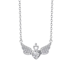 ANYCO Necklace 925 Silver for Women White Heart Wings Pendant Rhodium Platting Cubic Zirconia 5A Jewelry