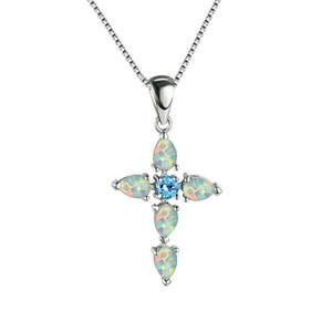 ANYCO Necklace 925 Silver for Women White Synthetic Opal Cross Pendant Rhodium Platting Jewelry