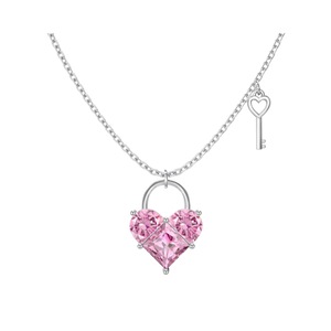 ANYCO Necklace 925 Silver Pink Heart Key Shape Pendant with Zircon 5A Gift Jewelry