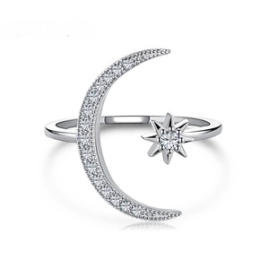 ANYCO Ring 925 Sterling Silver Jewelry Rhodium Plated CZ 5A Moon Star Rings Open Adjustable Fine Rings