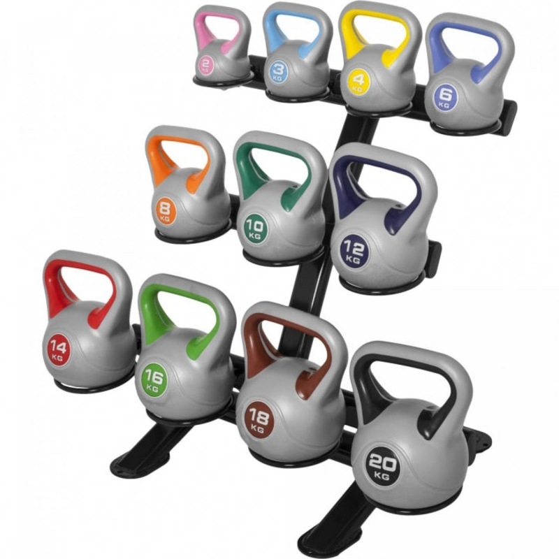 Gorilla Sports Full Contrast Vinyl Kettlebell Set 113KG with Rack