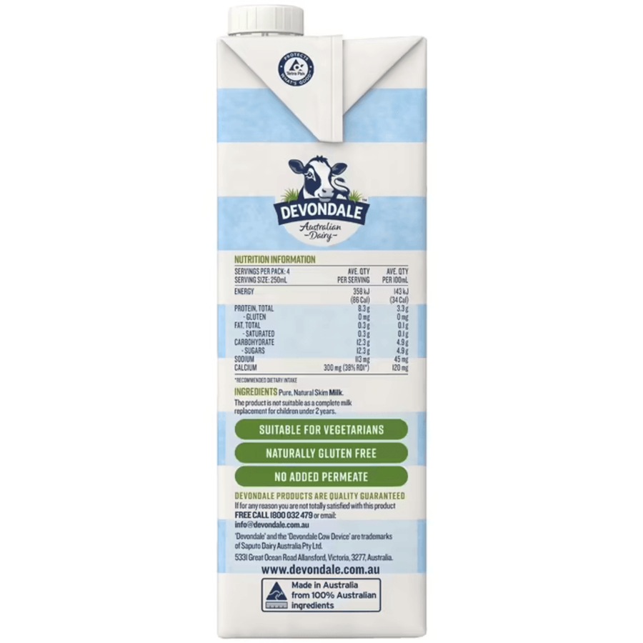 Devondale Skim Extra Light Long Life UHT Milk 1L Box 10 Carton BULK