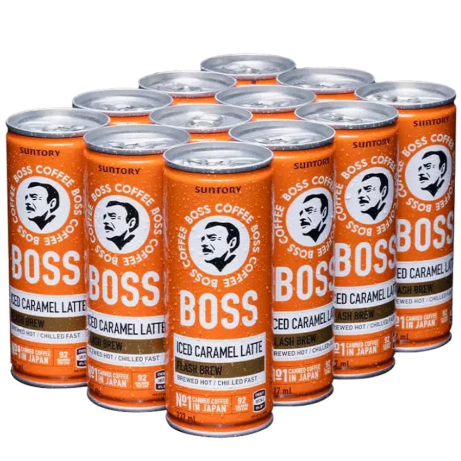 Suntory Boss Coffee Drink Iced Caramel Latte 237mL 12 Cans Bulk Pack Carton