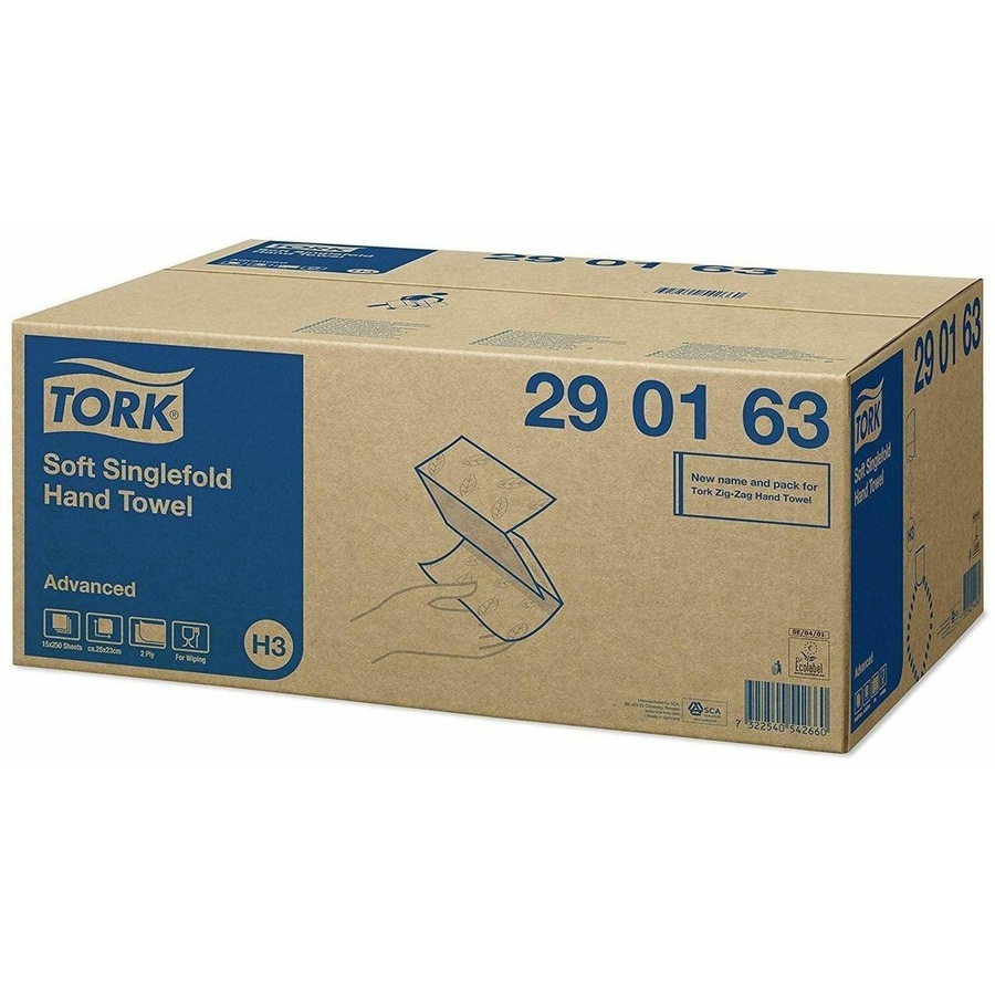Tork 290163 Soft Singlefold H3 Hand Towels 2ply Advanced 250 Sheets x 15 Packs/Carton