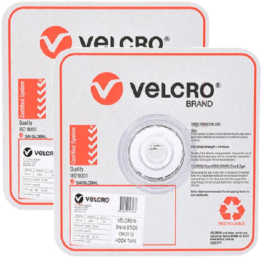 Velcro Brand Stick-On Hook And Loop Tape Roll Set 25mmx25m White