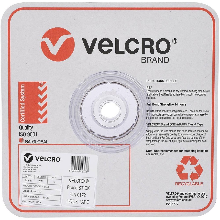Velcro Brand Stick-On Hook Only Tape Roll 25mmx25m White