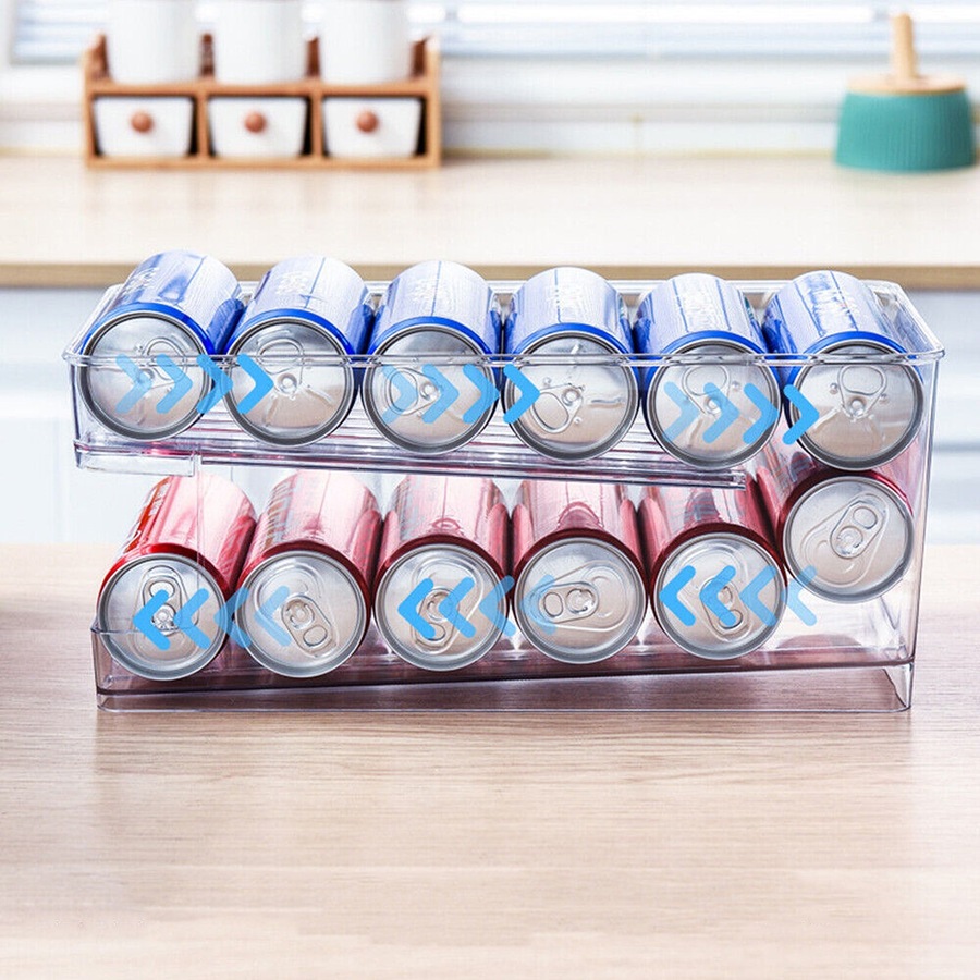 2-Layer Rolling Can Dispenser Plastic Fridge Beer Tin Holder Organiser Soda Rack