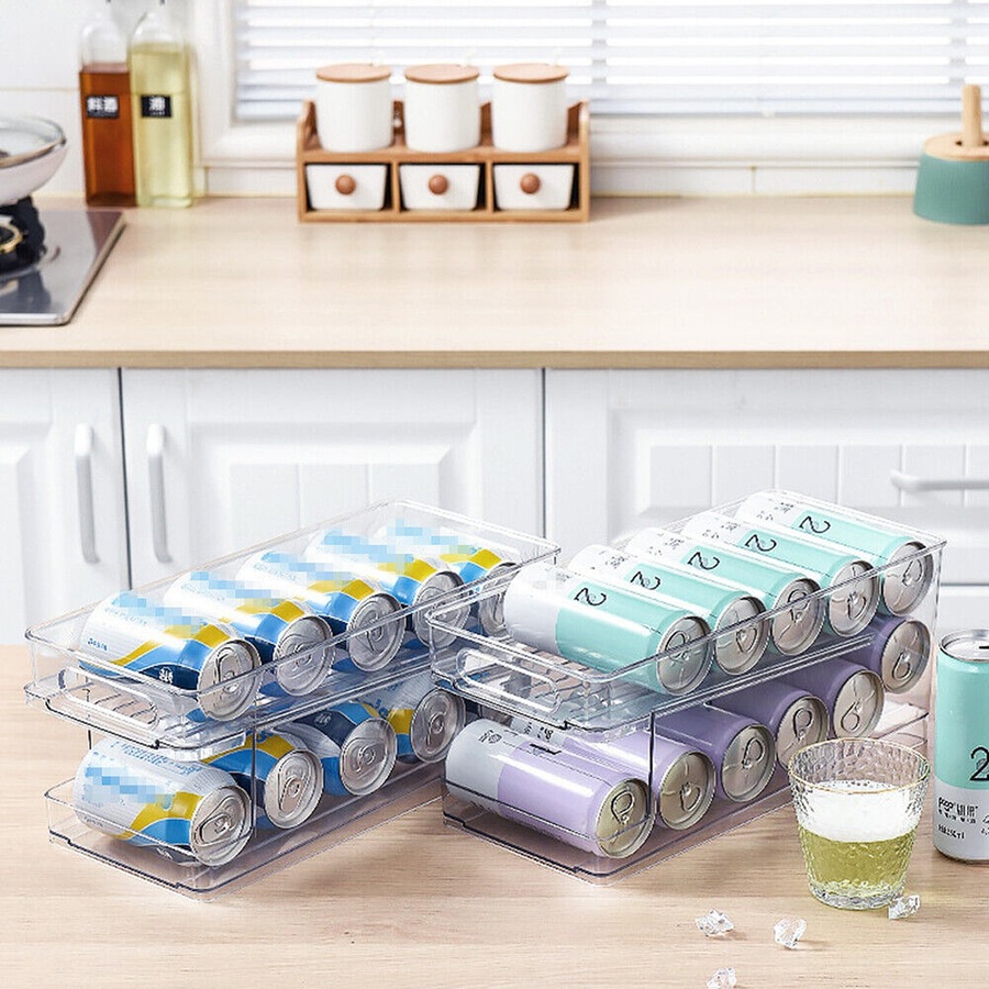 2-Layer Rolling Can Dispenser Plastic Fridge Beer Tin Holder Organiser Soda Rack