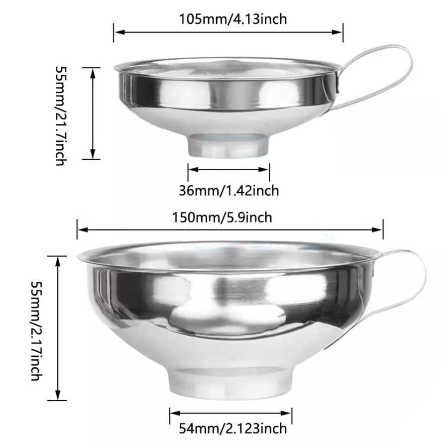 2Pcs Stainless Steel Funnel Hopper Filter Wide Mouth Canning Kitchen