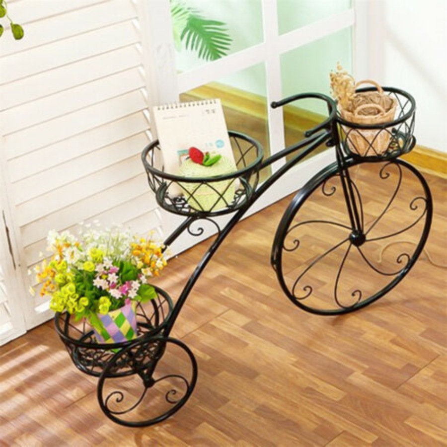 Bicycle Plant Stand Wrought Iron Tricycle Planter Home Garden Patio Decor - 3 Tiers