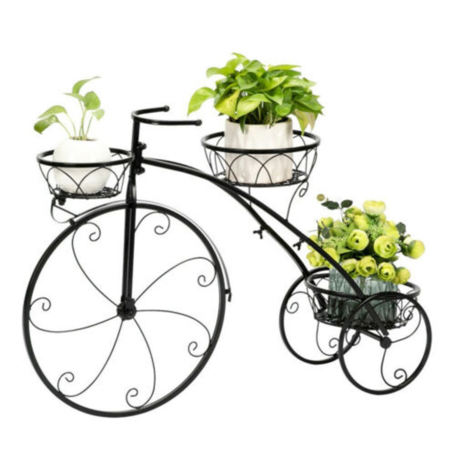 Bicycle Plant Stand Wrought Iron Tricycle Planter Home Garden Patio Decor - 3 Tiers