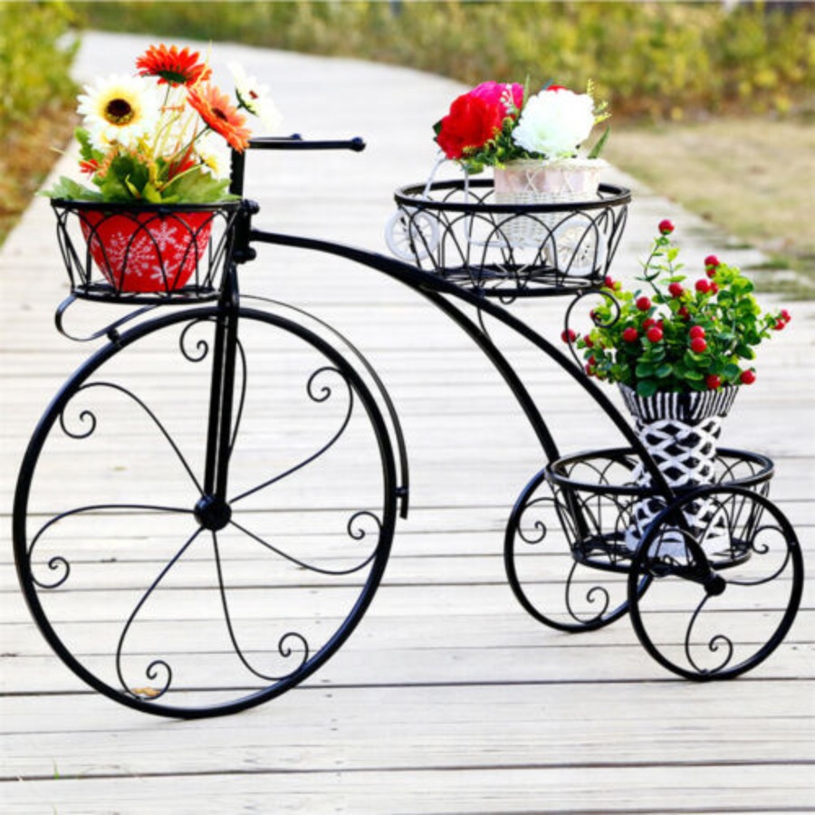 Bicycle Plant Stand Wrought Iron Tricycle Planter Home Garden Patio Decor - 3 Tiers