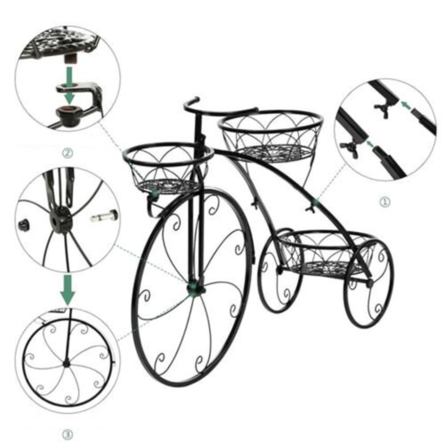Bicycle Plant Stand Wrought Iron Tricycle Planter Home Garden Patio Decor - 3 Tiers
