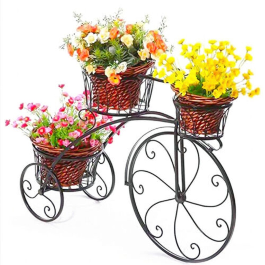 Bicycle Plant Stand Wrought Iron Tricycle Planter Home Garden Patio Decor - 3 Tiers
