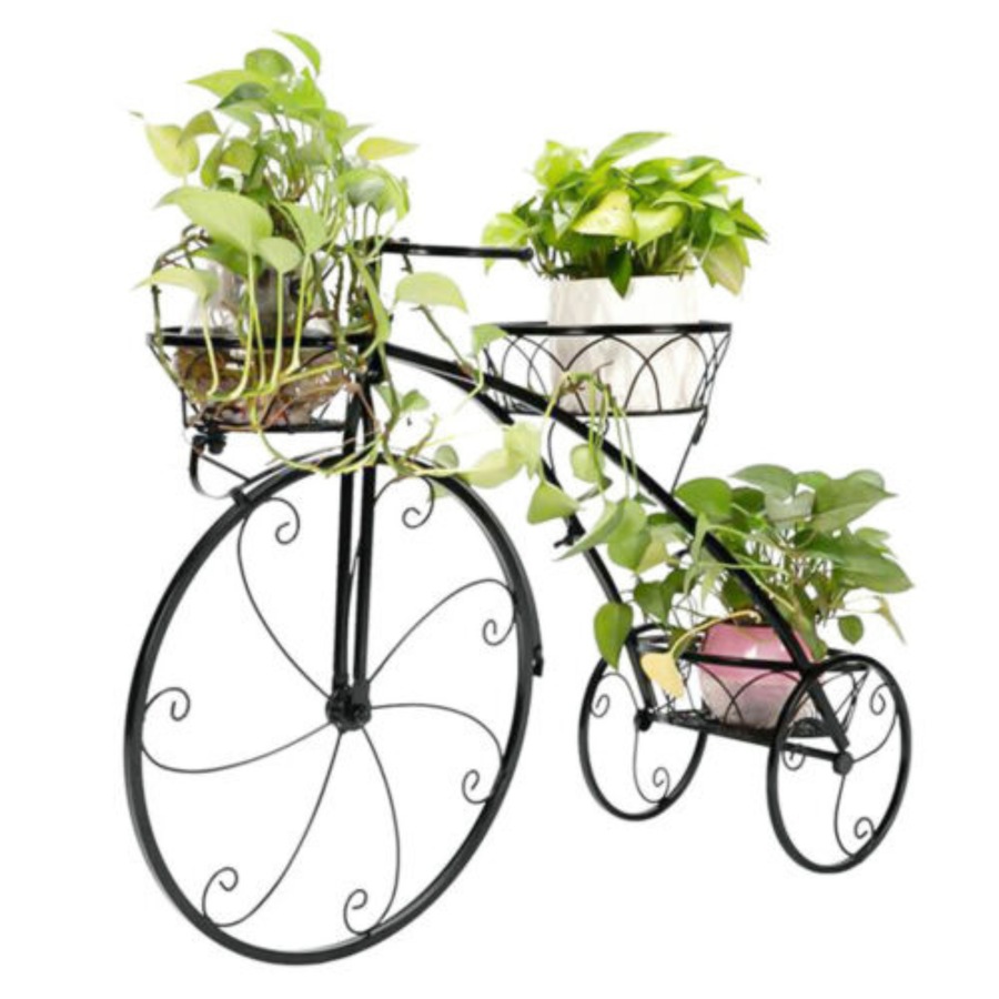 Bicycle Plant Stand Wrought Iron Tricycle Planter Home Garden Patio Decor - 3 Tiers