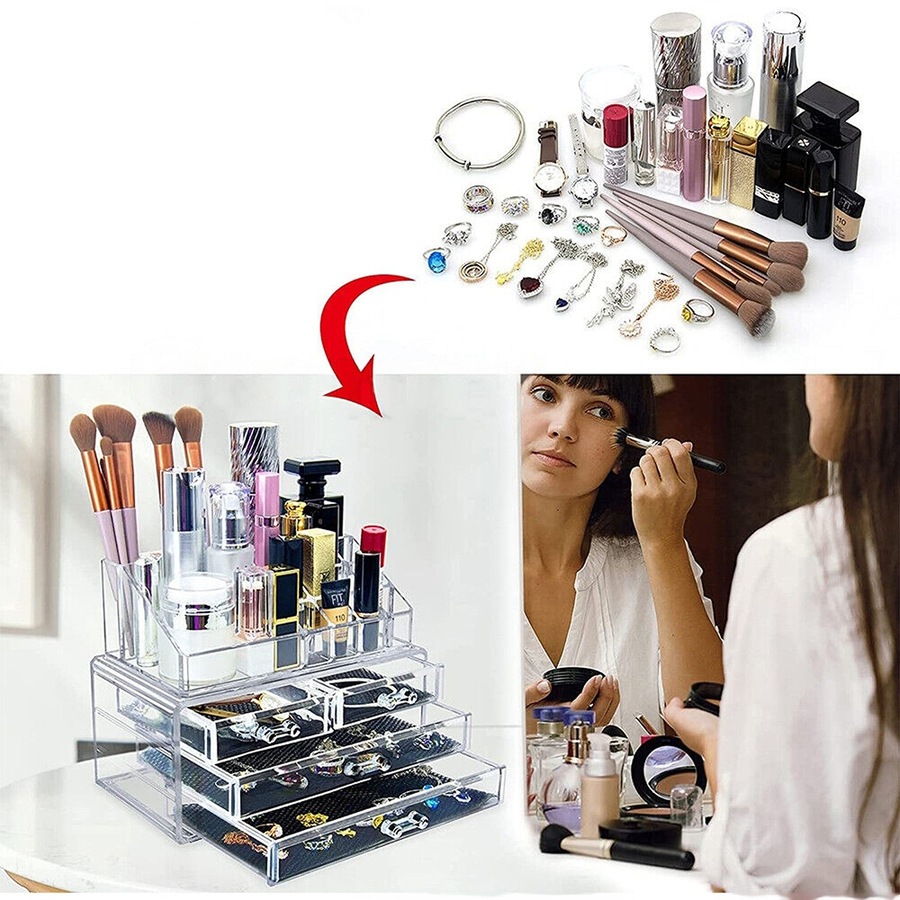 Clear Acrylic Makeup Holder Cosmetic Organiser Storage Jewellery Box - 4 Drawer