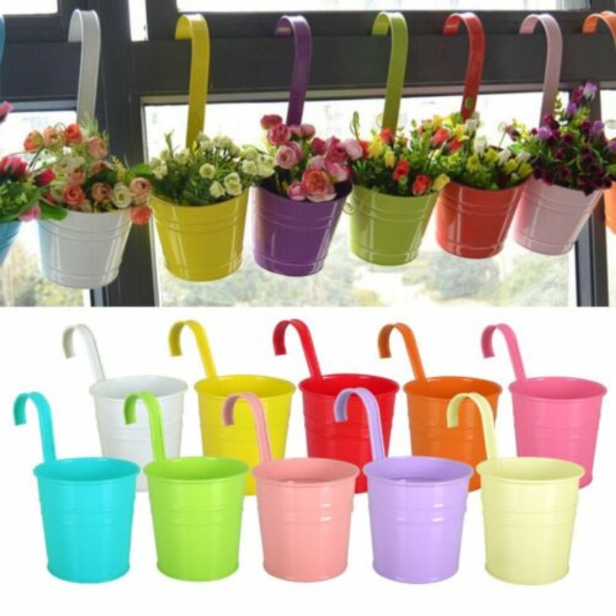 Flower Pot Hanging Pots Balcony Garden Plant Metal Hooks Iron Planter - 10 Colours