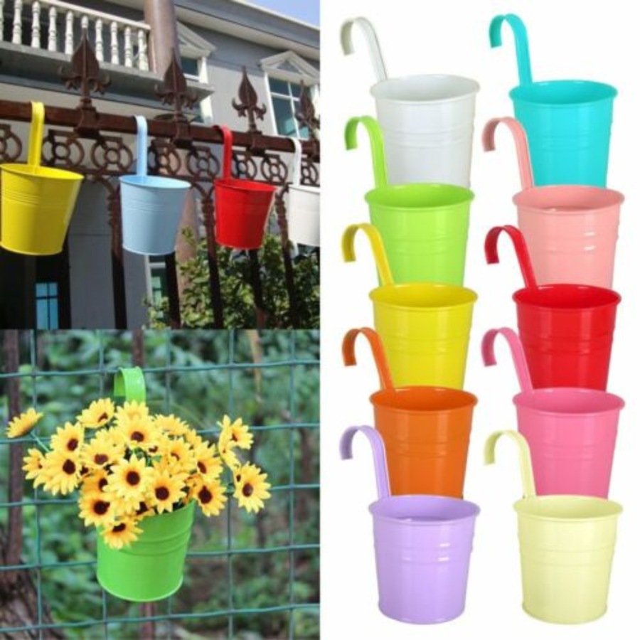 Flower Pot Hanging Pots Balcony Garden Plant Metal Hooks Iron Planter - 10 Colours