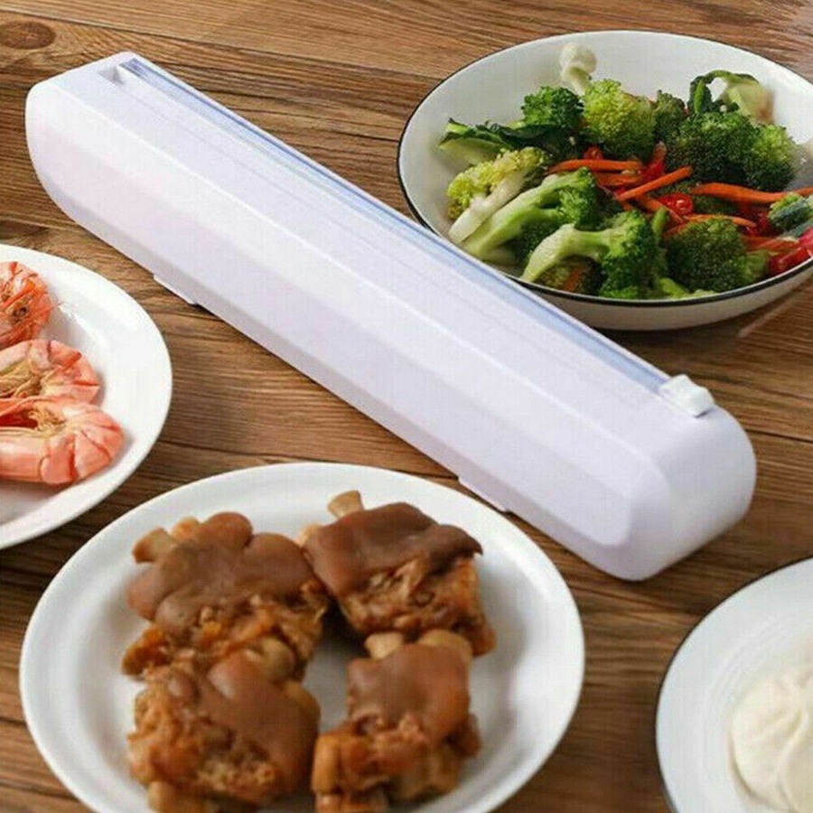 Food Wrap Dispenser Plastic Cutter Foil Cling Film Storage Holder Box Kitchen