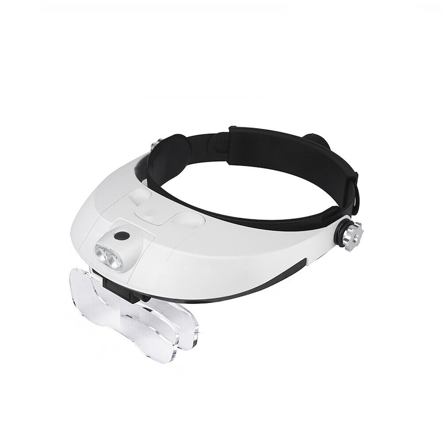LED Lighted Headband Magnifier Headset Magnifying Glass Loupe 2 LED Lamp Light - White