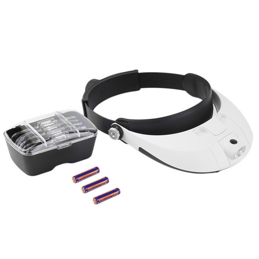 LED Lighted Headband Magnifier Headset Magnifying Glass Loupe 2 LED Lamp Light - White