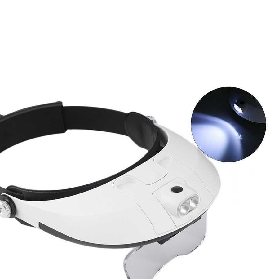 LED Lighted Headband Magnifier Headset Magnifying Glass Loupe 2 LED Lamp Light - White
