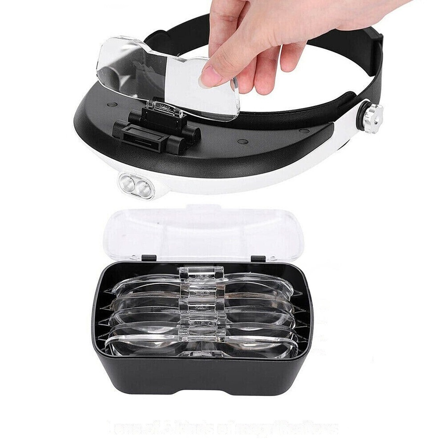 LED Lighted Headband Magnifier Headset Magnifying Glass Loupe 2 LED Lamp Light - White