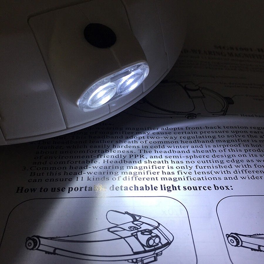 LED Lighted Headband Magnifier Headset Magnifying Glass Loupe 2 LED Lamp Light - White
