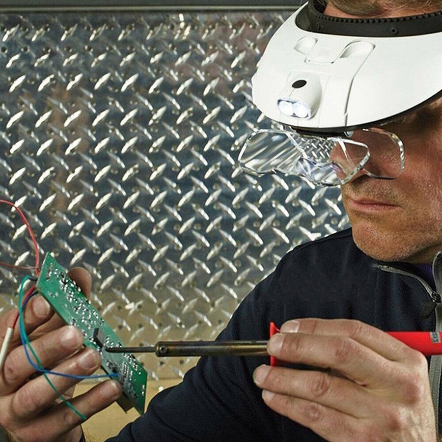 LED Lighted Headband Magnifier Headset Magnifying Glass Loupe 2 LED Lamp Light - White