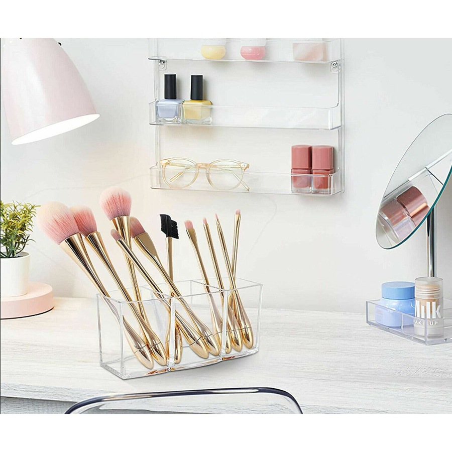 Makeup Brush Holder Organizer Clear Cosmetic Brushes Acrylic Storage Case - 3 Slot