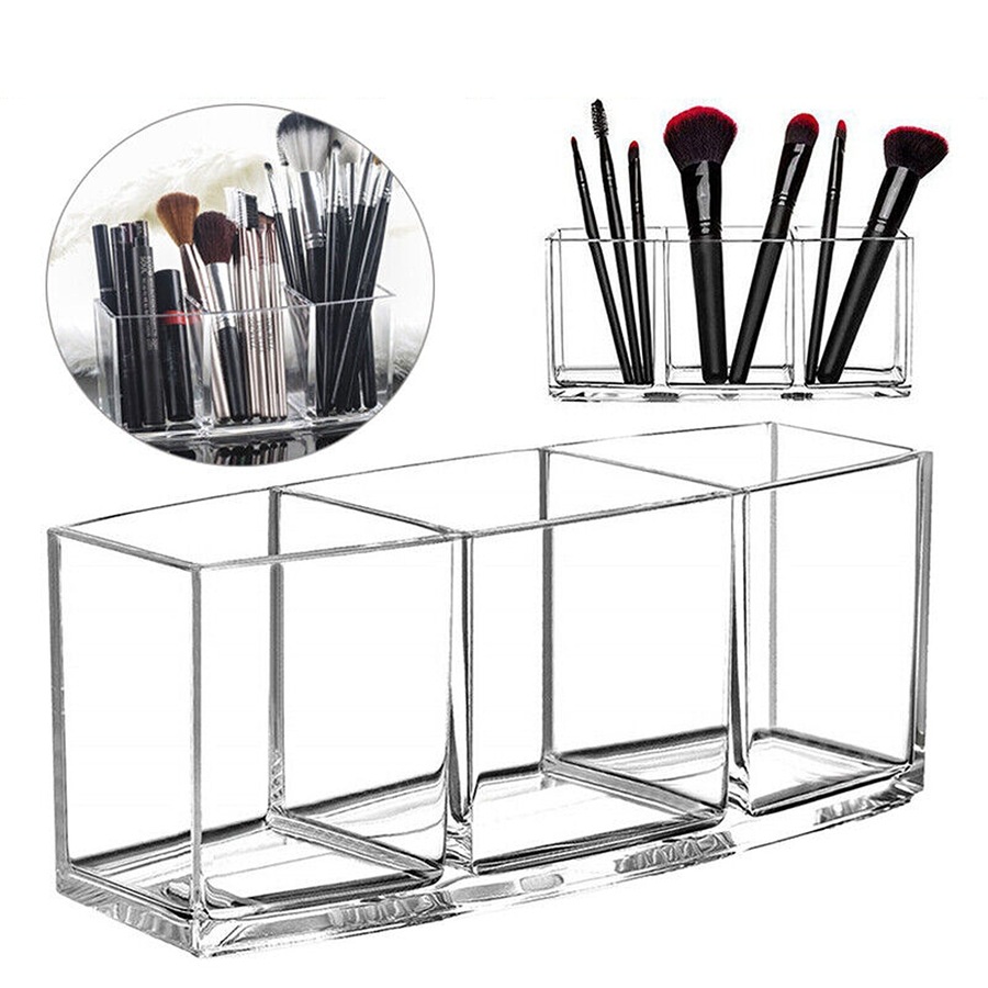 Makeup Brush Holder Organizer Clear Cosmetic Brushes Acrylic Storage Case - 3 Slot