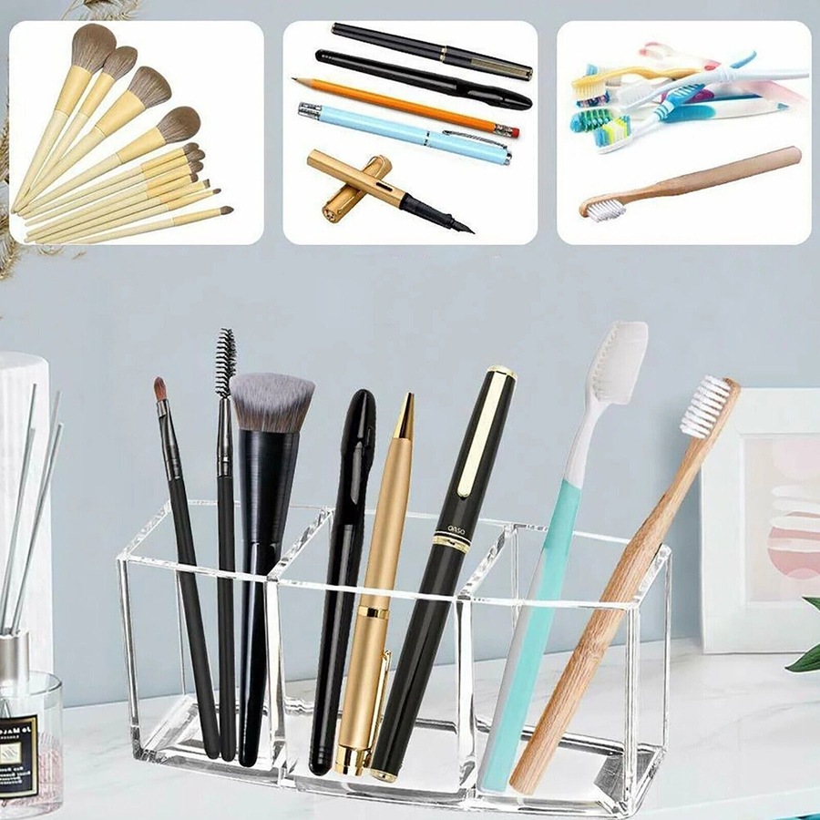 Makeup Brush Holder Organizer Clear Cosmetic Brushes Acrylic Storage Case - 3 Slot