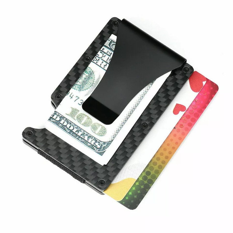 Men Slim Carbon Fiber Credit Card Holder RFID Blocking Metal Money Clip Wallet