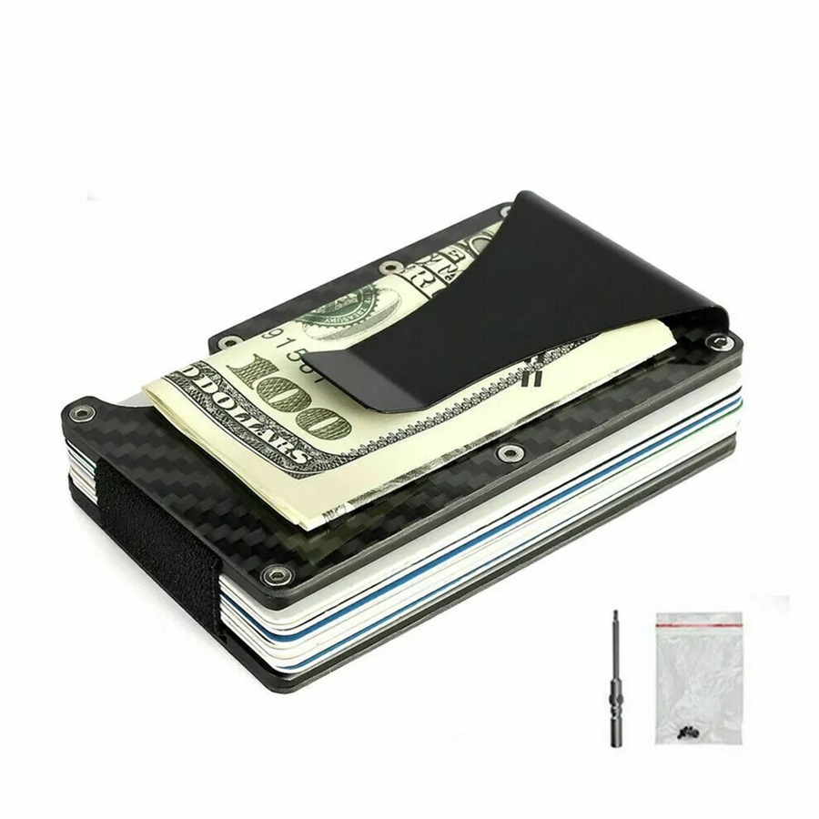 Men Slim Carbon Fiber Credit Card Holder RFID Blocking Metal Money Clip Wallet