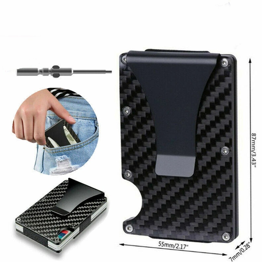 Men Slim Carbon Fiber Credit Card Holder RFID Blocking Metal Money Clip Wallet