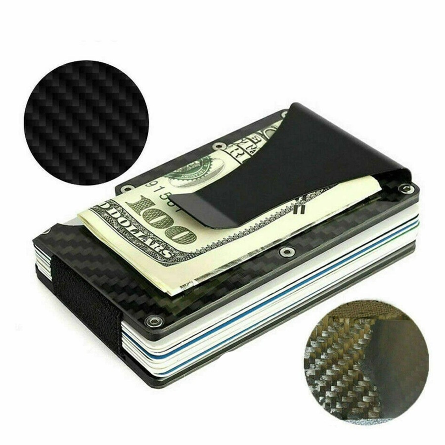 Men Slim Carbon Fiber Credit Card Holder RFID Blocking Metal Money Clip Wallet