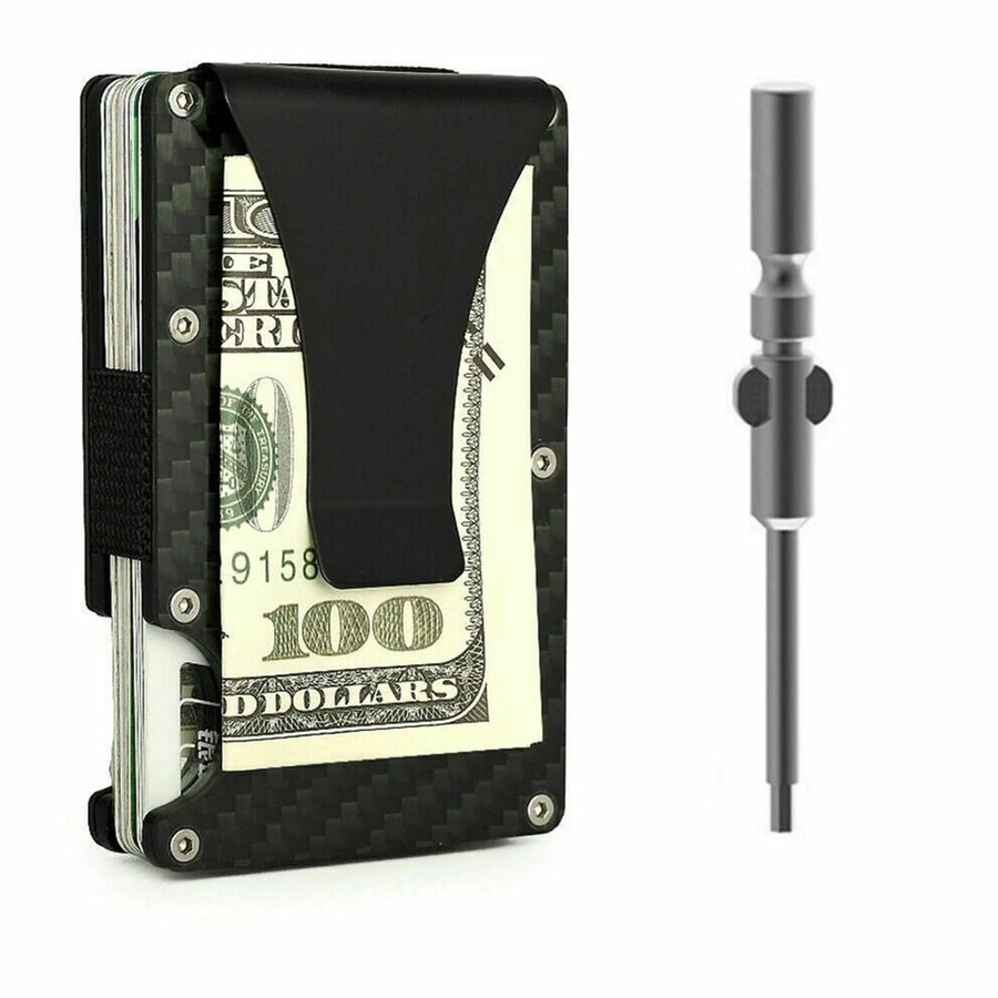 Men Slim Carbon Fiber Credit Card Holder RFID Blocking Metal Money Clip Wallet